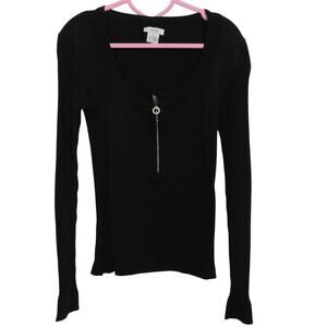Cache Women Sz S Black Ribbed Long Sleeve Zip Front Scoop Neck Fitted Knit Top